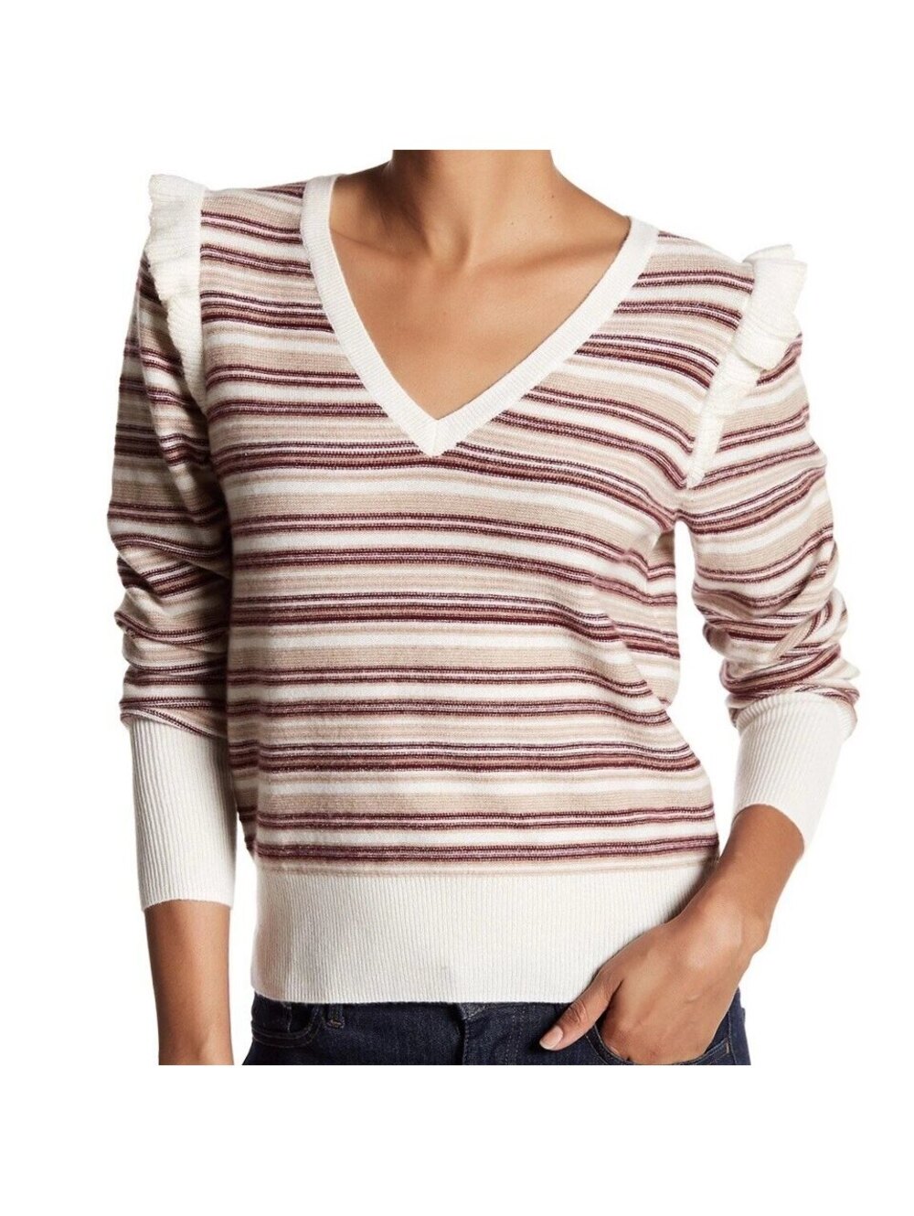 Joie Cais D Medium $278 Burgundy Striped Wool Cashmere Blend Ruffle Sweater